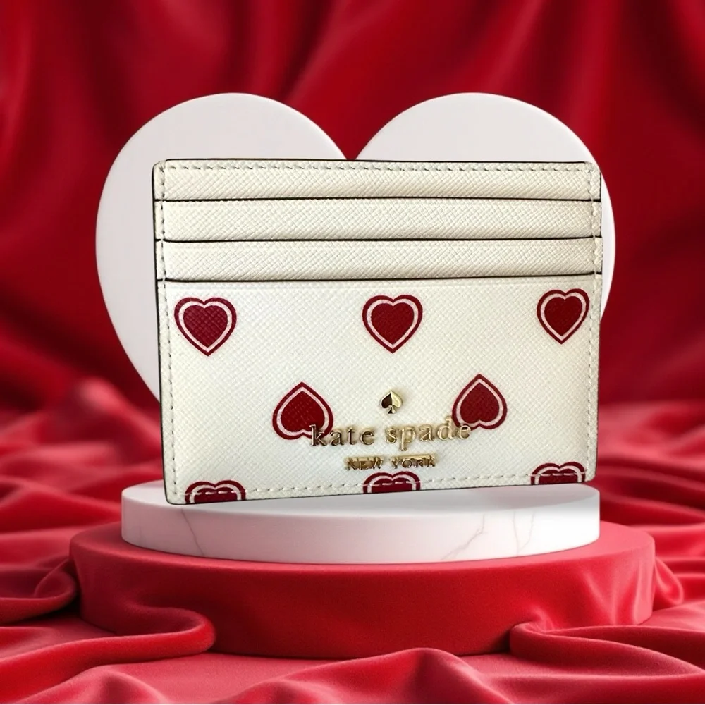 Kate Spade Madison Heartfelt Geo Cream & Red  Card Holder New in Gift Box